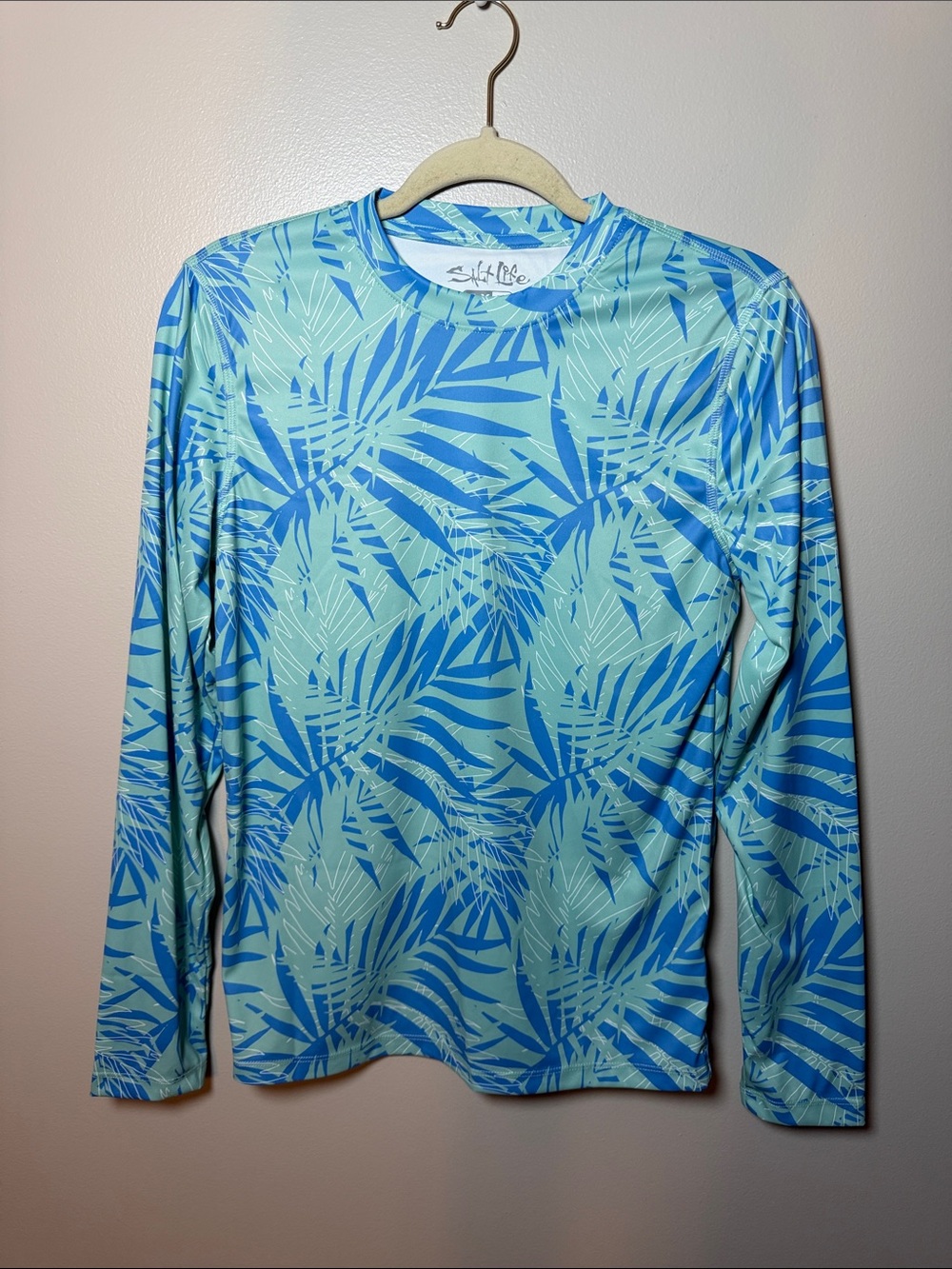 Salt Life Aqua and Blue Palm-Print Long Sleeve Shirt Small UV Protection